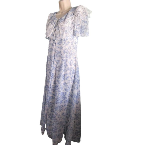 Vintage Scott McClintock Blue Floral Lace Empire Waist Tea Dress Ladies Size 8 - Picture 6 of 16